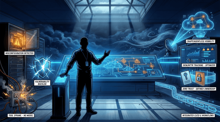 Digital illustration contrasting cybersecurity challenges on the left—such as misconfigurations, vulnerability backlogs, and tool sprawl—with optimized cloud security solutions on the right, including CNAPP agentless visibility, zero trust, and integrated CI/CD workflows, monitored by a central security analyst.