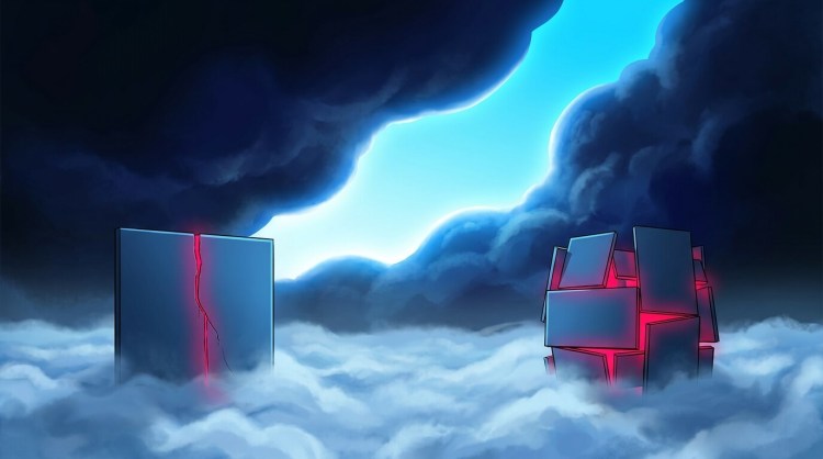 Digital illustration of a blue futuristic gateway with a login interface, leaking a red corrupting mass that infects a grid network of server nodes.