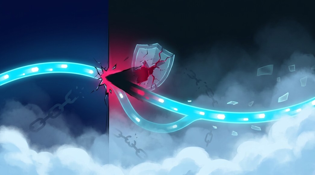 Man-in-the-middle attack illustration showing a cyan network data stream intercepted and split by a threat actor breaking through a cracked security shield, representing compromised encrypted communication