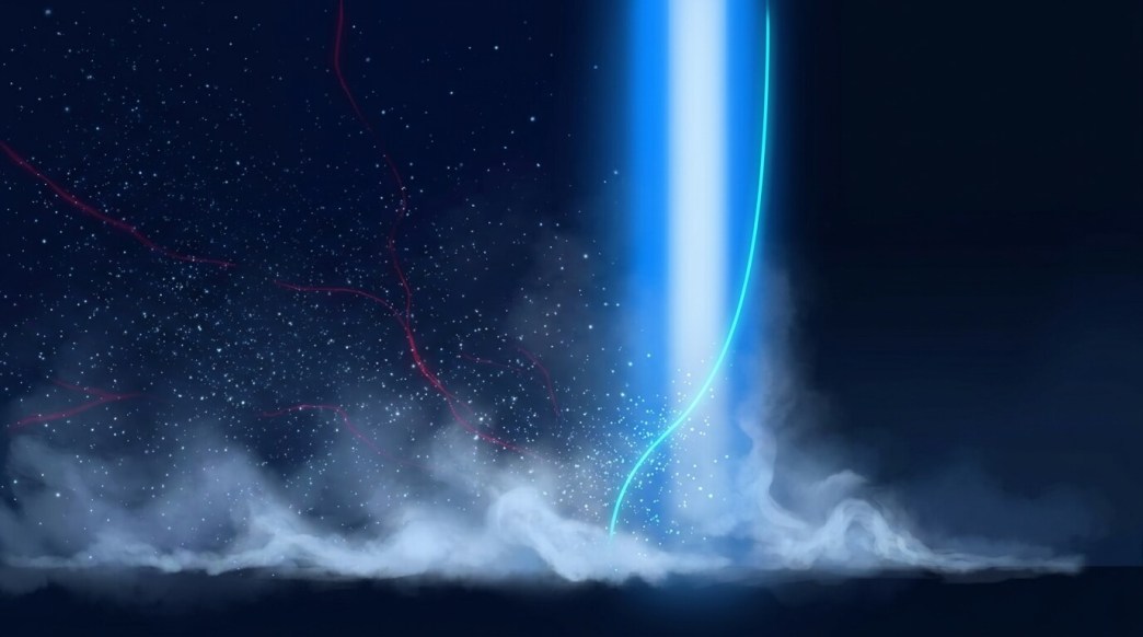 ASPM concept illustration showing a unified blue security beam rising from cloud infrastructure against a dark starfield with red threat signals, representing consolidated application security posture visibility across the software development lifecycle