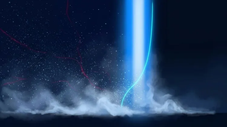 ASPM concept illustration showing a unified blue security beam rising from cloud infrastructure against a dark starfield with red threat signals, representing consolidated application security posture visibility across the software development lifecycle