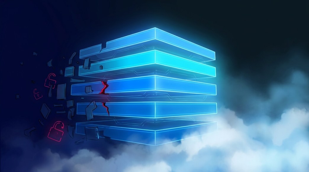 Cloud security architecture illustration showing a layered cyan security stack with a breached middle layer, crumbling blocks, and open padlock icons representing misconfiguration risks and the importance of defense-in-depth in cloud environments