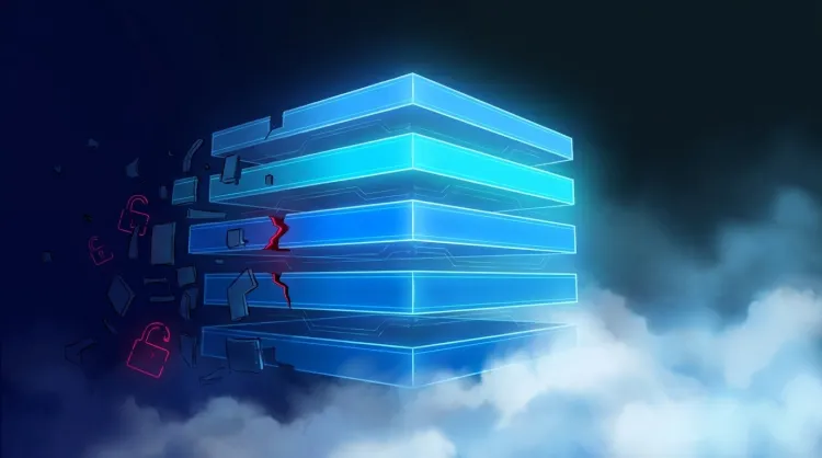 Cloud security architecture illustration showing a layered cyan security stack with a breached middle layer, crumbling blocks, and open padlock icons representing misconfiguration risks and the importance of defense-in-depth in cloud environments