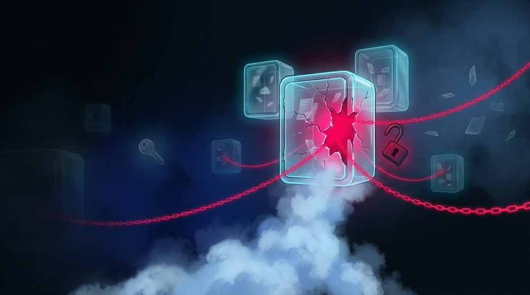 Cyberpunk illustration of SaaS security risks: a cracked and compromised central SaaS application cube bound by red chains, surrounded by floating app icons, an exposed key, and an open padlock symbolizing unauthorized access and data leakage across interconnected cloud applications