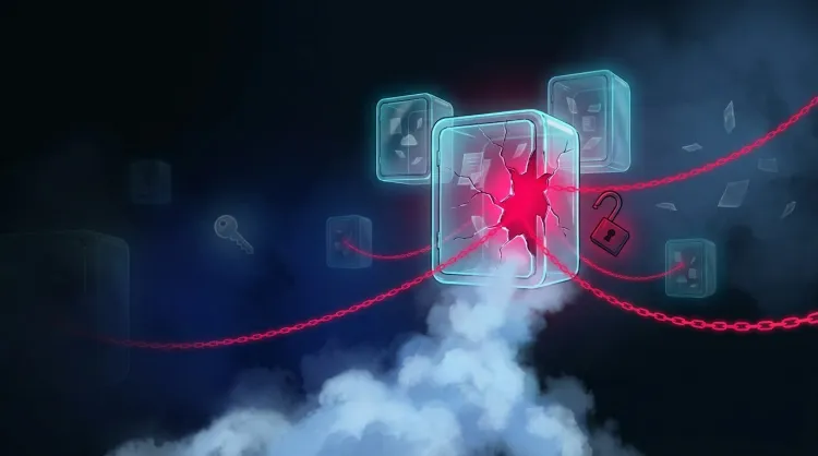 Cyberpunk illustration of SaaS security risks: a cracked and compromised central SaaS application cube bound by red chains, surrounded by floating app icons, an exposed key, and an open padlock symbolizing unauthorized access and data leakage across interconnected cloud applications
