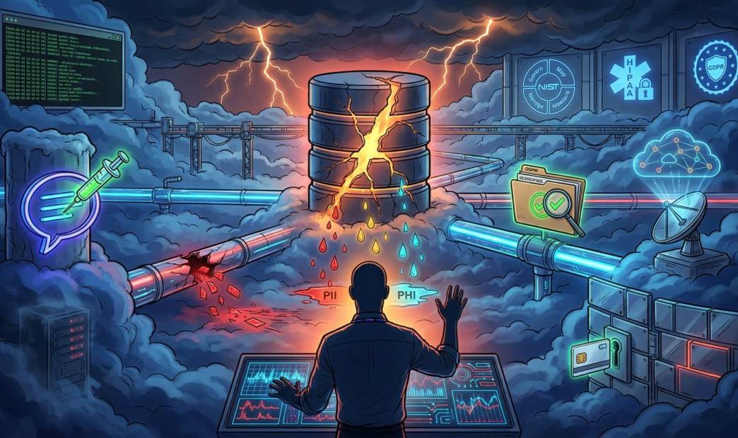 Digital illustration of a security analyst at a futuristic console monitoring a cracked central database cylinder leaking data droplets into puddles labeled PII and PHI, surrounded by stormy skies and compliance logos like HIPAA and GDPR.