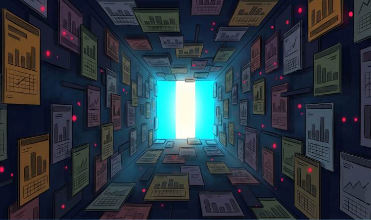 Digital illustration looking down a dim tunnel lined with numerous multi-colored data charts and glowing red alert dots, leading to a bright white and blue light at the end.
