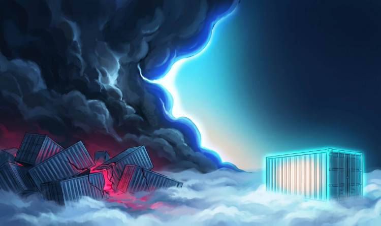 Digital illustration contrasting cracked, damaged cargo containers under storm clouds with a pristine, glowing blue container under a clear sky.