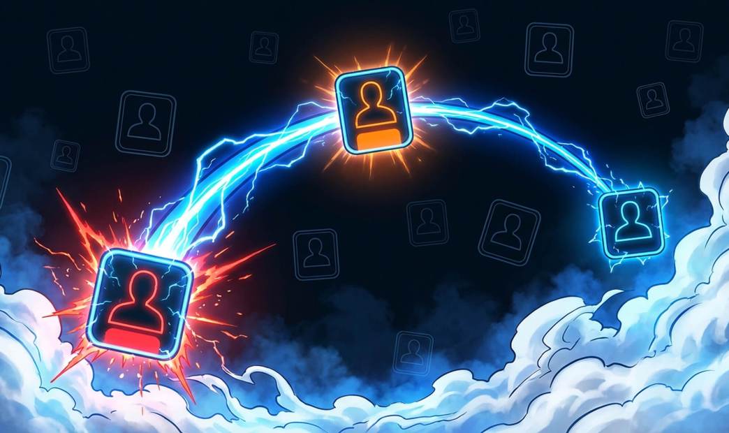 Cyberpunk illustration of cloud IAM security findings routing to action: a critically compromised red user identity exploding with alerts triggers an arc of electric energy through a high-risk orange identity, resolving to a secured cyan identity above cloud infrastructure, representing automated remediation workflow from security finding to resolved IAM threat