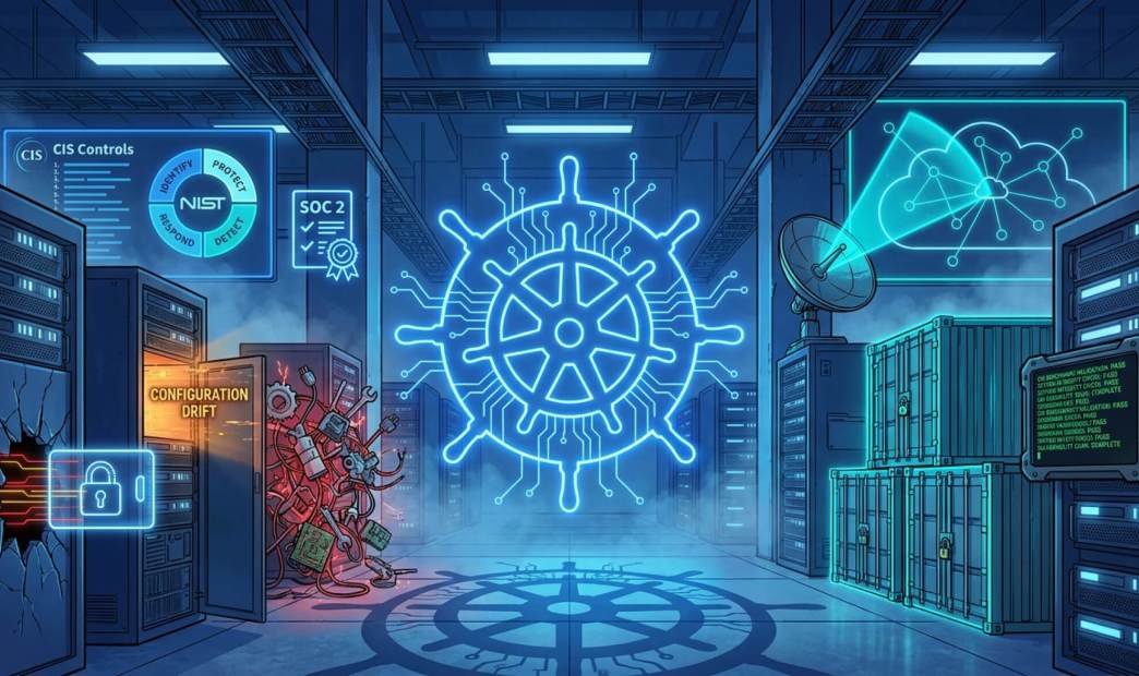 Digital illustration of a futuristic data center centered around a large glowing neon blue Kubernetes helm icon with circuitry, flanked by compliance dashboards for CIS Controls, NIST, and SOC 2, an open server rack revealing "Configuration Drift," and stacked cargo containers.