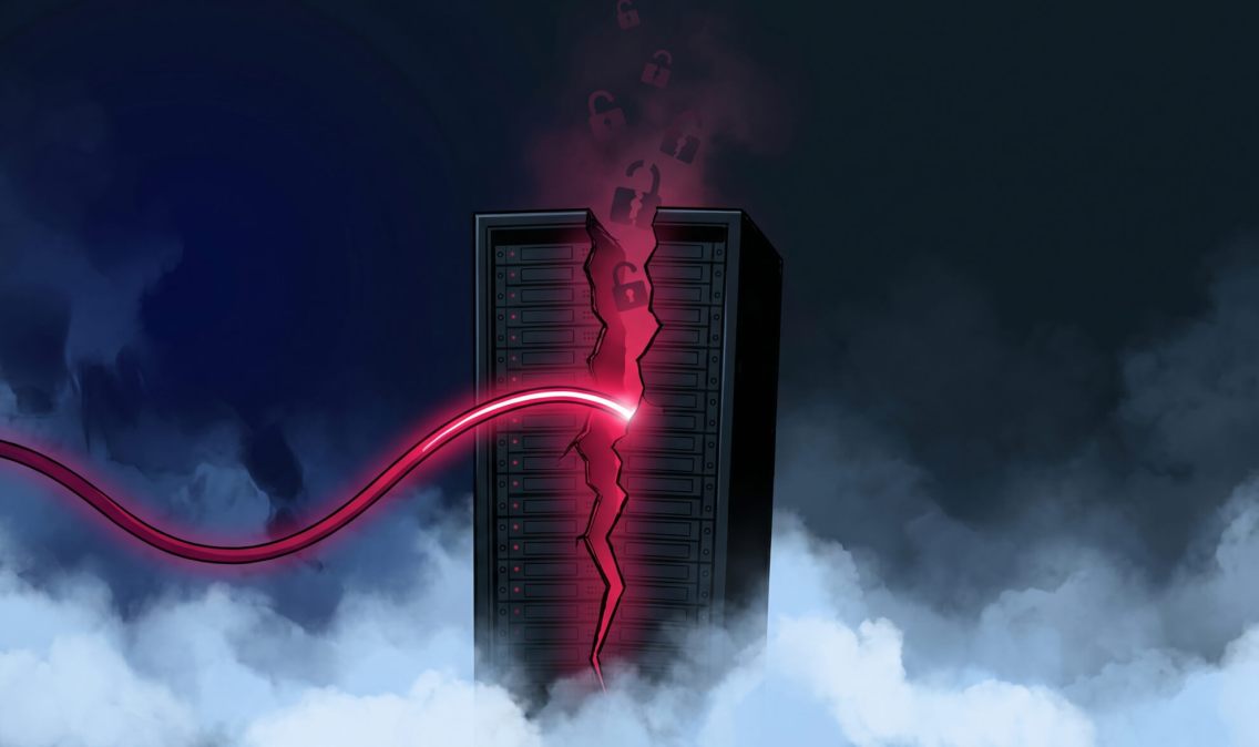 Conceptual illustration of a server rack split by a jagged, glowing red crack with broken padlocks floating upward, symbolizing a critical remote code execution exploit.