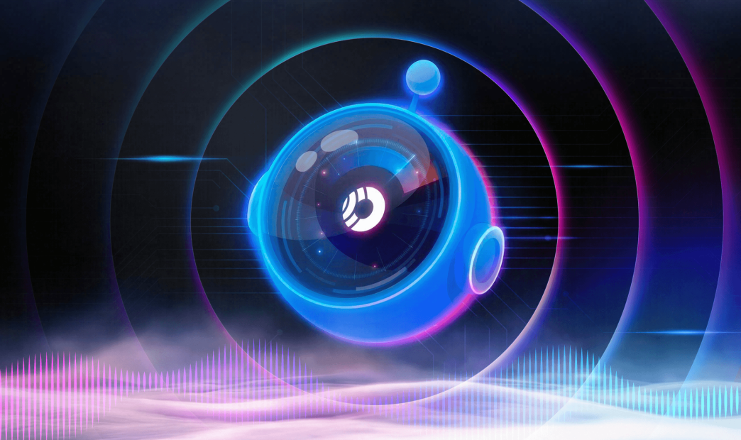 An illustrative perspective view of a glowing blue grid network floor. In the center, the surface is deeply cracked and fractured, with an intense magenta and pink light emanating from the central break. Debris floats above the fracture point.