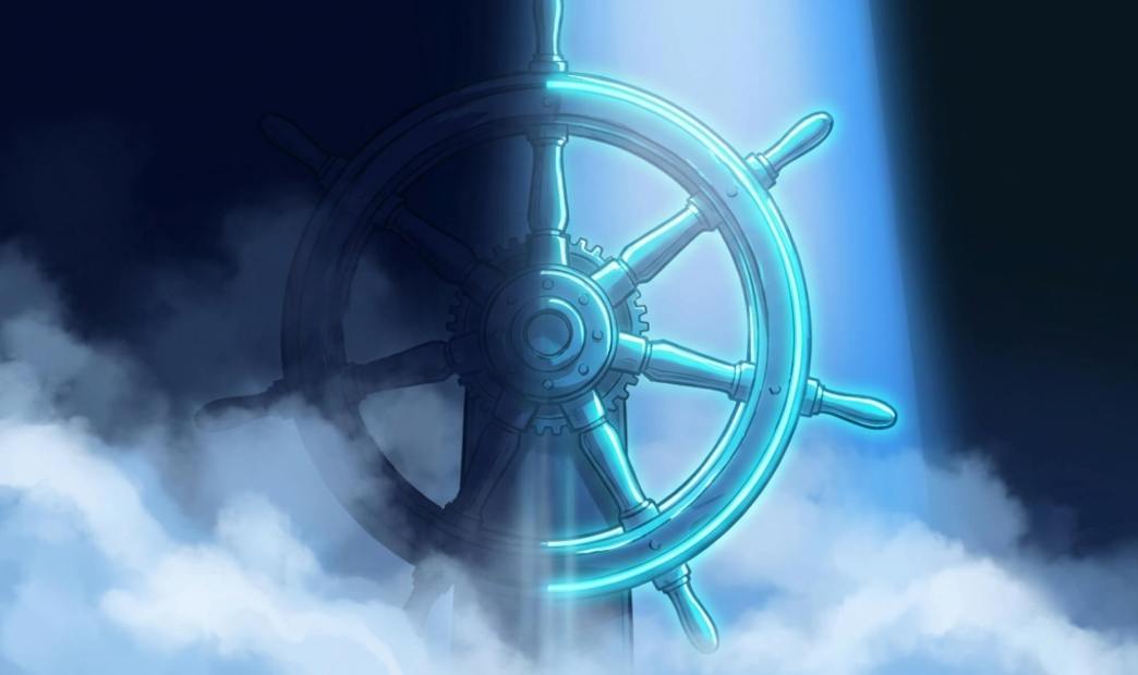 Digital illustration of a ship's helm steering wheel partially illuminated by a bright blue spotlight amidst clouds, symbolizing Kubernetes orchestration.