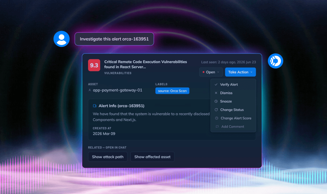 Digital illustration of an AI assistant chat interface showing a user request to investigate an alert, displaying an Orca Security critical 9.3 Remote Code Execution vulnerability panel for asset "app-payment-gateway-01" with an expanded "Take Action" menu, set against a dark background with neon pink and cyan digital waves.