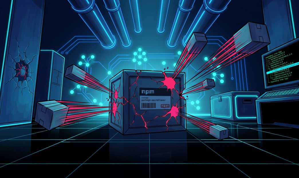 Digital illustration of a large npm package box breaking apart under pressure with red light rays emitting from cracks, symbolizing a supply chain security threat.