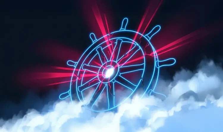 Digital illustration of a cracked neon blue ship's wheel emitting rays of red light over white clouds, symbolizing a Kubernetes cluster breach.