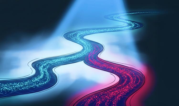 Digital illustration of a winding data stream that splits into two paths, one continuing with glowing blue particles and the other filled with glowing red particles.