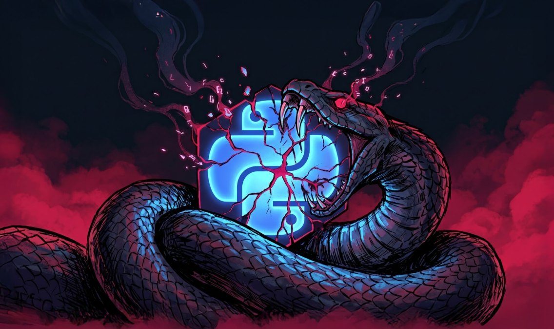Digital illustration of a dark, fanged snake wrapped around a glowing blue Python logo that is deeply cracked with radiating red veins.