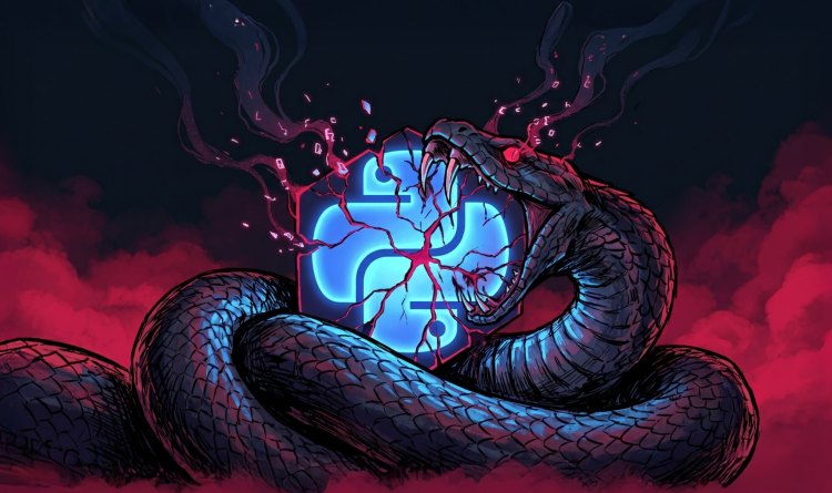 Digital illustration of a dark, fanged snake wrapped around a glowing blue Python logo that is deeply cracked with radiating red veins.