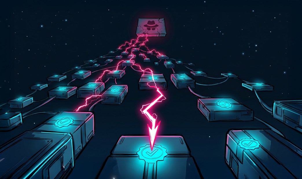 An illustration of a software supply chain attack, where a hacker injects malicious code via lightning bolts into a network of verified packages.