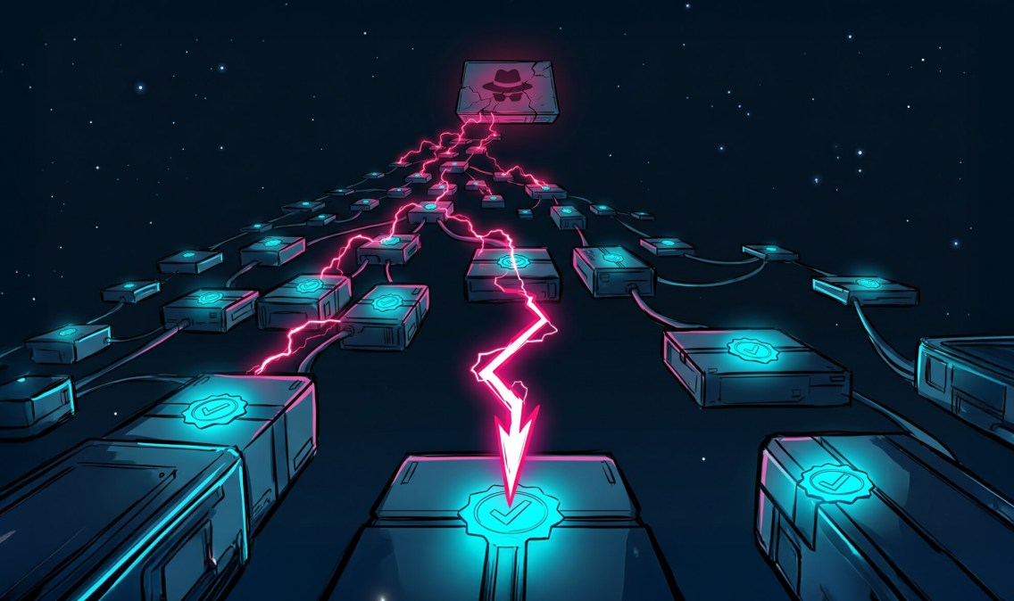 An illustration of a software supply chain attack, where a hacker injects malicious code via lightning bolts into a network of verified packages.