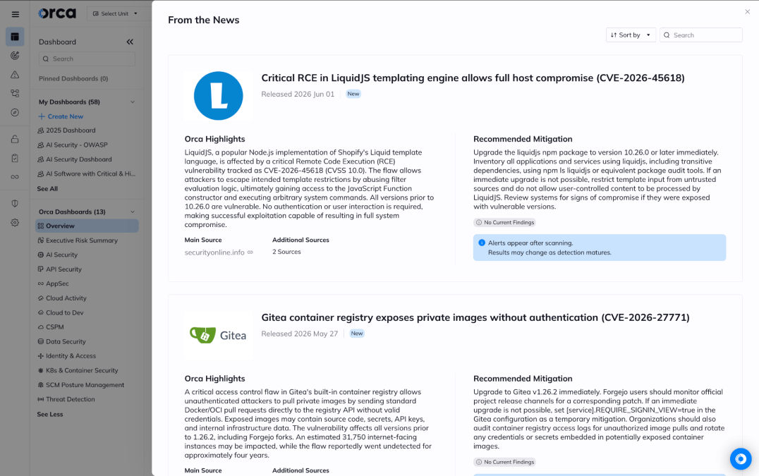 Orca Security platform dashboard displaying a critical 10.0 CVSS Remote Code Execution flaw in LiquidJS (CVE-2026-45618) and the Gitea registry leak alert.