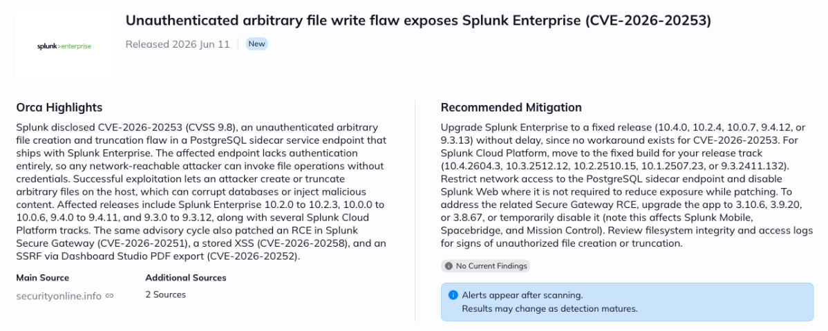 A screenshot of the Splunk Enterprise vulnerability alert in the Orca Platform