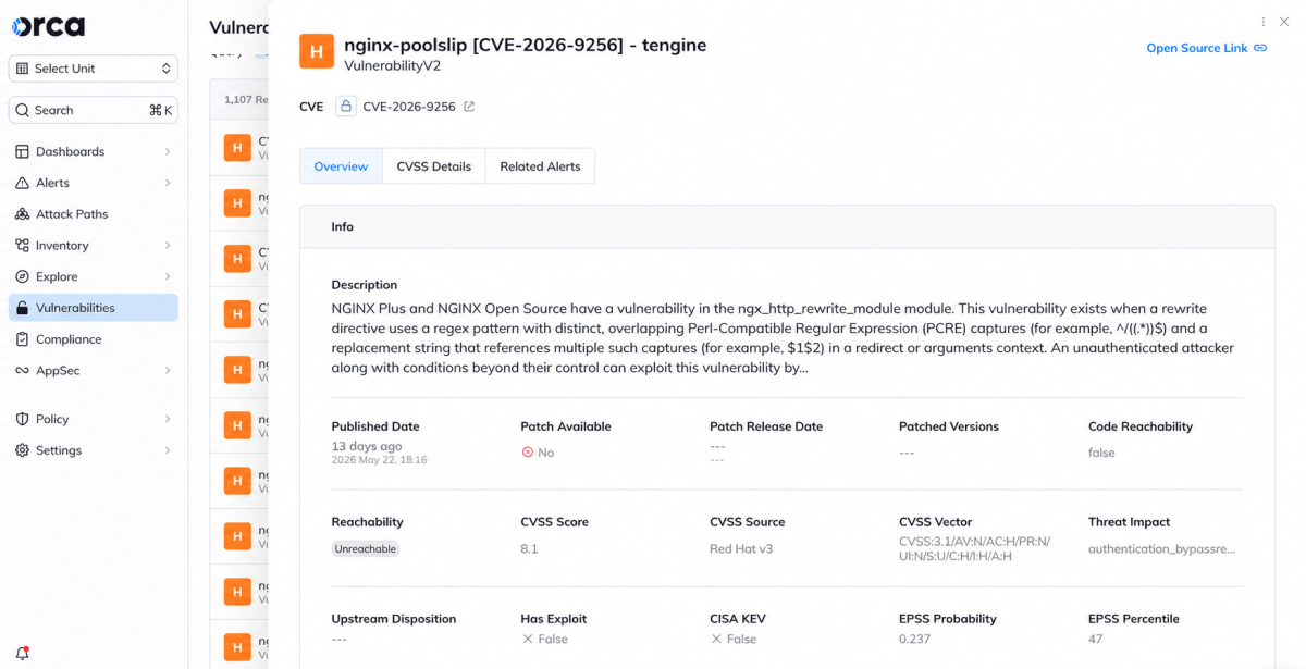 Orca Security platform vulnerability window showing details for the nginx-poolslip vulnerability (CVE-2026-9256) affecting NGINX rewrite modules with an 8.1 CVSS score.