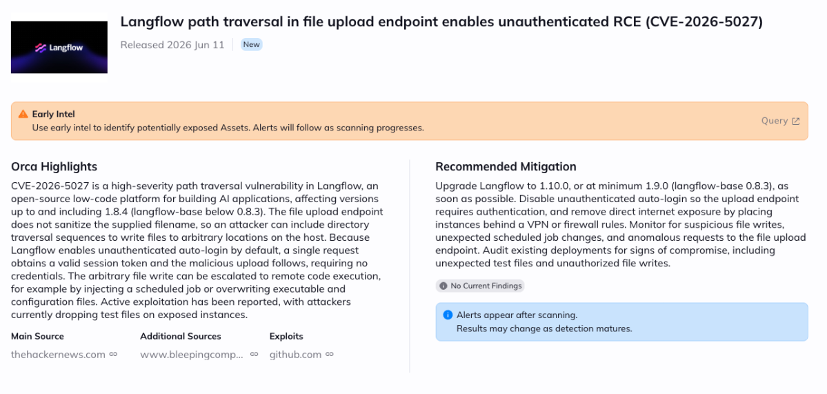 A screenshot of the Langflow RCE announcement in the Orca Platform