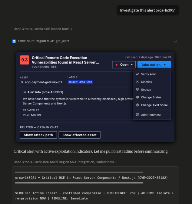 Screenshot of an AI assistant interface displaying an Orca Security alert (orca-163951) for a 9.3 critical Remote Code Execution vulnerability in React Server Components and Next.js (CVE-2025-55182) on asset "app-payment-gateway-01". The interface shows an expanded "Take Action" dropdown menu and a terminal verdict confirming an active threat that requires immediate isolation.