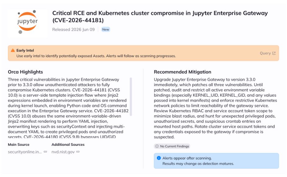 Orca Security alert for critical RCE and Kubernetes cluster compromise in Jupyter Enterprise Gateway (CVE-2026-44181).