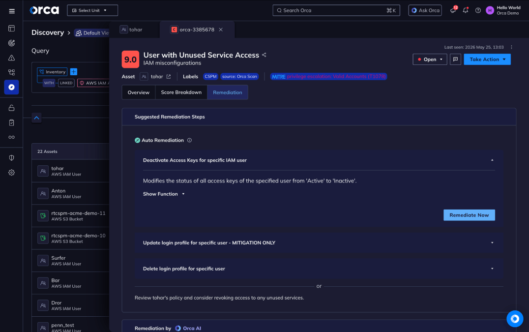 Orca Security remediation view for a 9.0 severity IAM misconfiguration — User with Unused Service Access — showing auto-remediation options to deactivate AWS IAM access keys and remove unused login profiles, with MITRE privilege escalation mapping