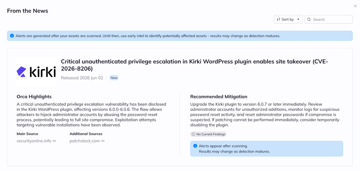 Orca Security platform alert for a critical unauthenticated privilege escalation vulnerability in the Kirki WordPress plugin (CVE-2026-8206) enabling site takeover.