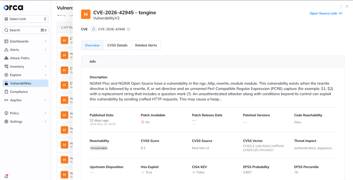 Orca Security platform vulnerability window showing details for CVE-2026-42945 affecting NGINX rewrite modules with an 8.1 CVSS score.