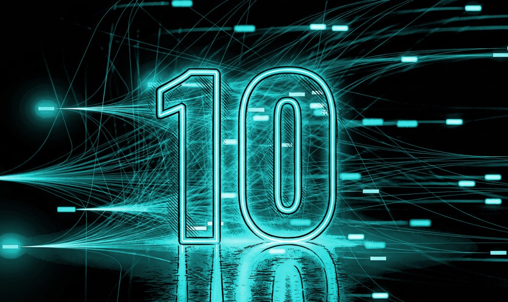 A stylized graphic of the number 10 over a digitized background
