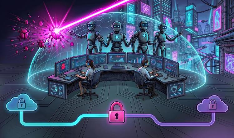 AI security robots and human analysts defend a cloud environment against malware threats in a neon-lit cyberpunk command center