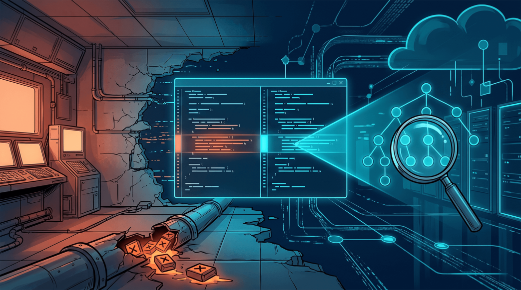 Digital illustration contrasting a broken legacy server room on the left leaking data blocks with a futuristic neon-blue cloud data center on the right, centered around a floating code editor window being analyzed by a magnifying glass scanning a code structure graph.