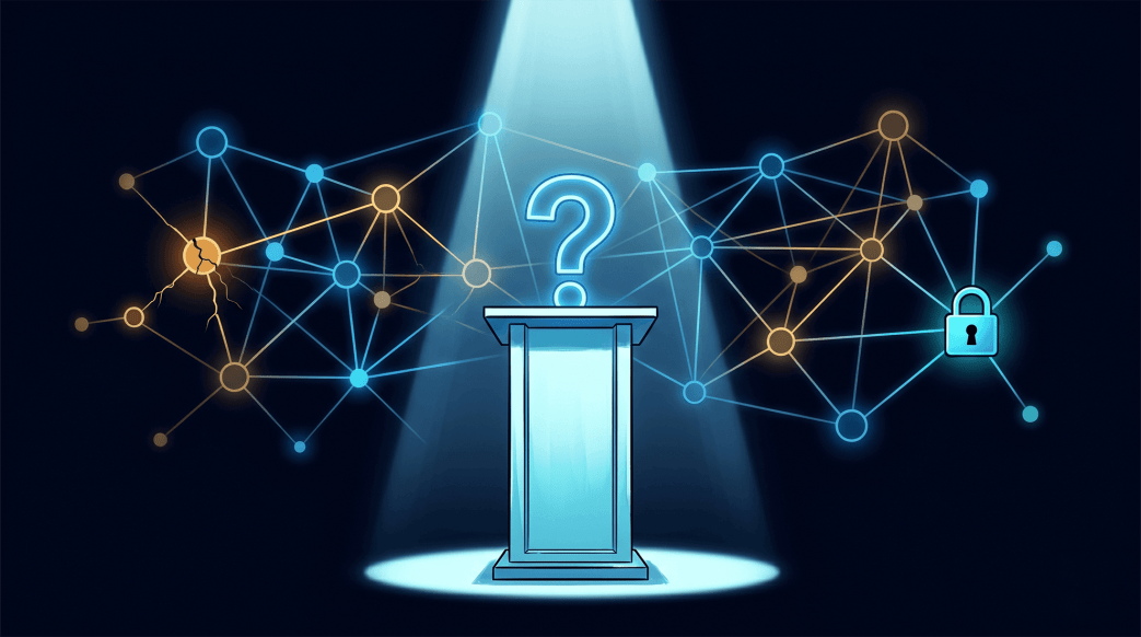 Digital illustration of an empty podium with a glowing neon blue question mark under a bright spotlight, set against a background network graph containing a cracked orange node and a secured padlock icon.