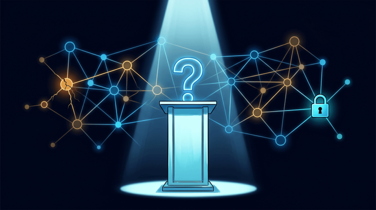 Digital illustration of an empty podium with a glowing neon blue question mark under a bright spotlight, set against a background network graph containing a cracked orange node and a secured padlock icon.