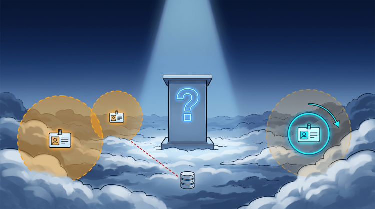 Digital illustration of an empty podium with a glowing neon blue question mark under a spotlight above the clouds, contrasting sprawling permissions on the left (indicated by ID badges in large orange dashed circles) with remediated, right-sized permissions on the right (indicated by an ID badge enclosed in a tight neon cyan circle).