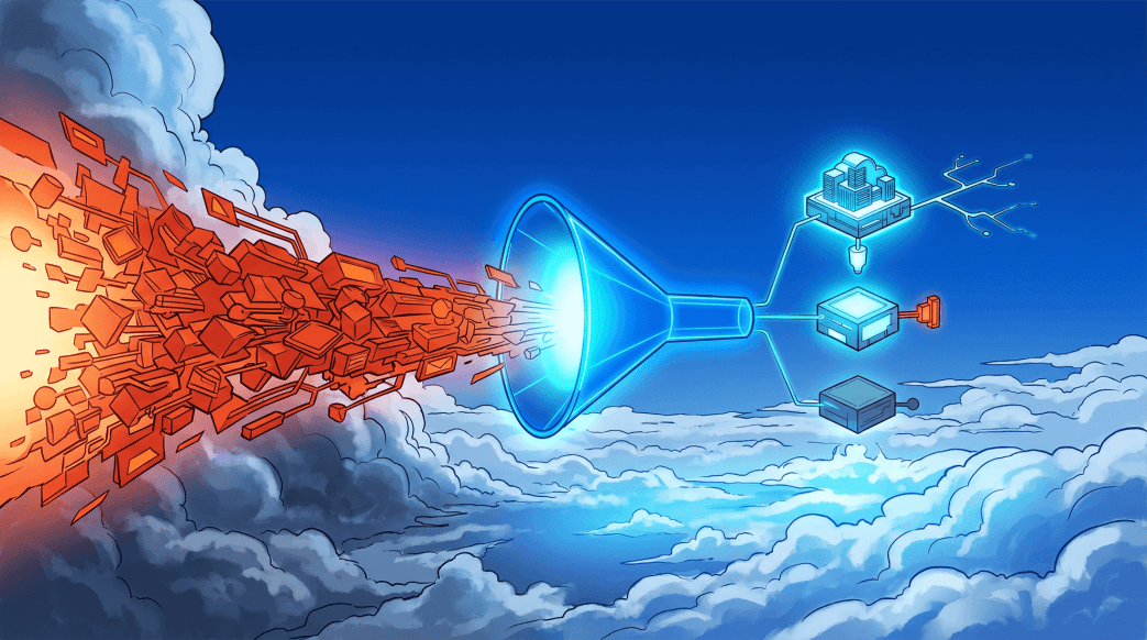 Digital illustration of a chaotic stream of red geometric shapes flying into a large glowing blue funnel above the clouds, which filters and streamlines them into three organized, prioritized tech components on the right.