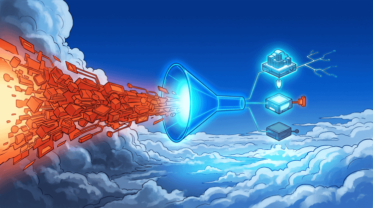 Digital illustration of a chaotic stream of red geometric shapes flying into a large glowing blue funnel above the clouds, which filters and streamlines them into three organized, prioritized tech components on the right.