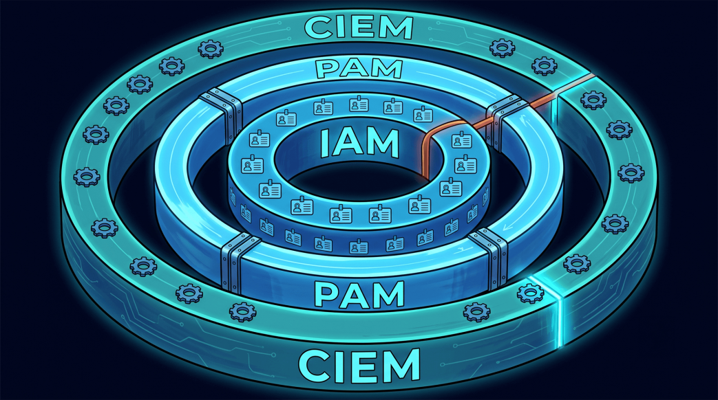 Digital illustration of a concentric ring diagram comparing identity security frameworks, featuring an innermost blue ring labeled IAM with ID badge icons, a middle ring labeled PAM, and a wide outer neon-cyan ring labeled CIEM lined with gear icons, all set against a dark background.