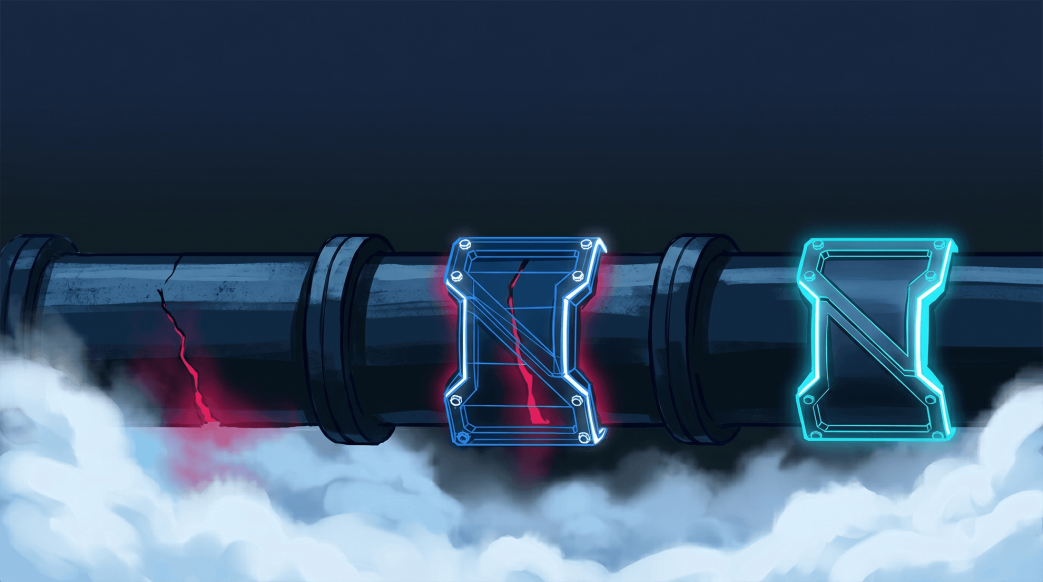Digital illustration of a horizontal pipeline over clouds, showing a progression from an exposed glowing red crack, to a cracked section under a blue clamp, to a fully secured section enclosed in a glowing cyan bracket.