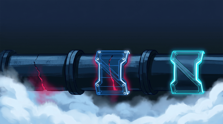 Digital illustration of a horizontal pipeline over clouds, showing a progression from an exposed glowing red crack, to a cracked section under a blue clamp, to a fully secured section enclosed in a glowing cyan bracket.