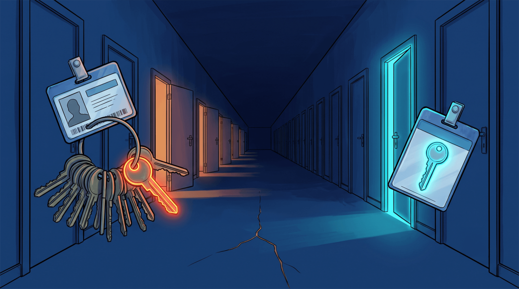 Digital illustration of a long hallway contrasting over-privilege on the left—where an ID badge holds a massive ring of keys with one glowing orange key matching a row of open doors—with the principle of least privilege on the right, where an ID badge holds a single glowing cyan key corresponding to a single open door.