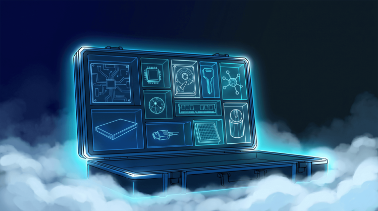 Digital illustration of an open briefcase glowing with a blue neon aura amidst clouds, featuring compartments with tech icons representing cloud infrastructure components.
