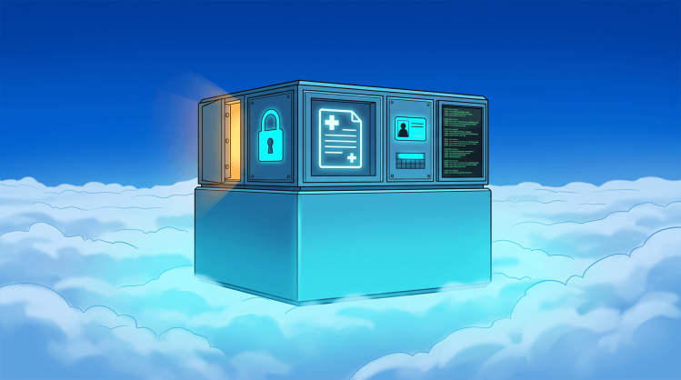 Digital illustration of a large blue vault structure floating above the clouds, featuring glowing neon panels displaying a padlock, a medical document icon, an ID badge, and a code terminal, with an open safe door revealing a glowing orange interior.