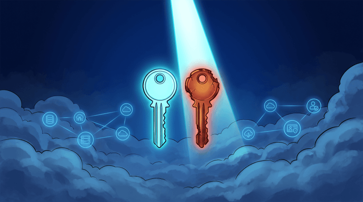 Digital illustration of two large keys floating above the clouds against a dark sky, contrasting a pristine neon blue key on the left with a cracked, compromised orange key on the right highlighted by a spotlight, both set against background cloud network graphs.