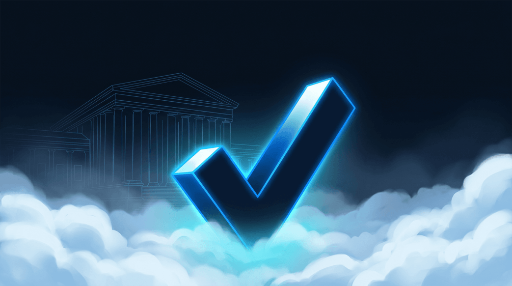Digital illustration of a large, glowing neon blue checkmark floating among clouds with a classical government building in the background, symbolizing regulatory framework compliance.